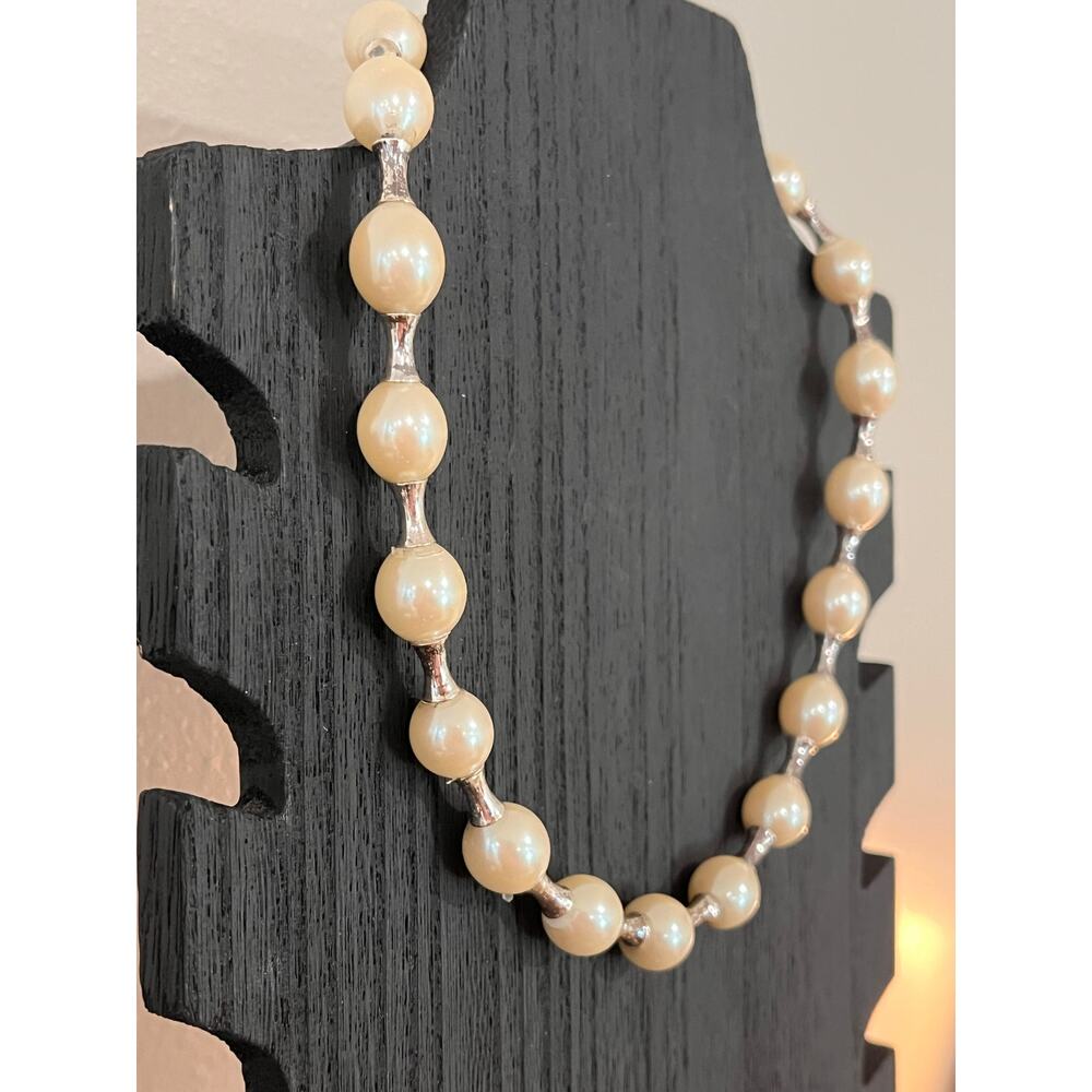 Vintage DANLEE Sterling Silver‎ Bar-Link Necklace with Faux Pearls
